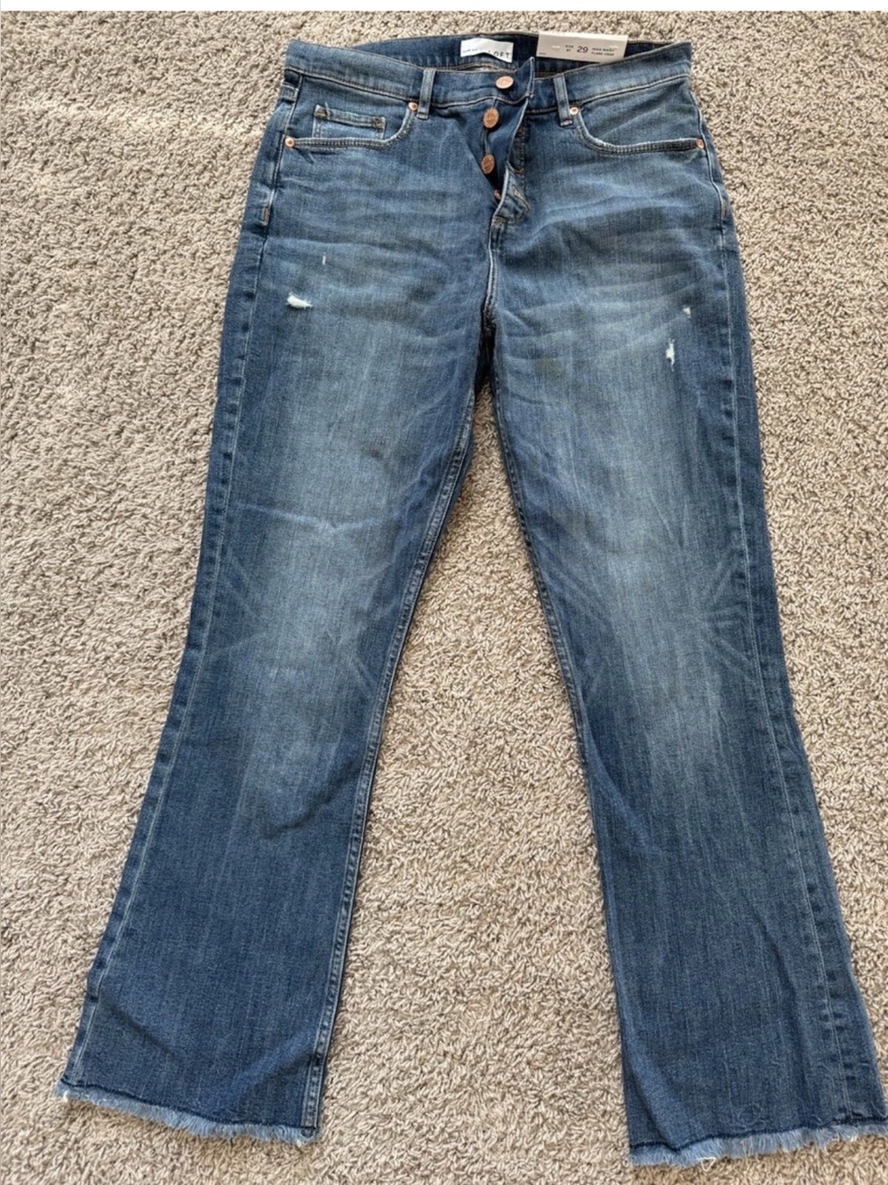 NWT Loft High Waist Flare Crop Jeans, Slim Pockets, Raw Hem, Blue, Sz 29/8 Tall